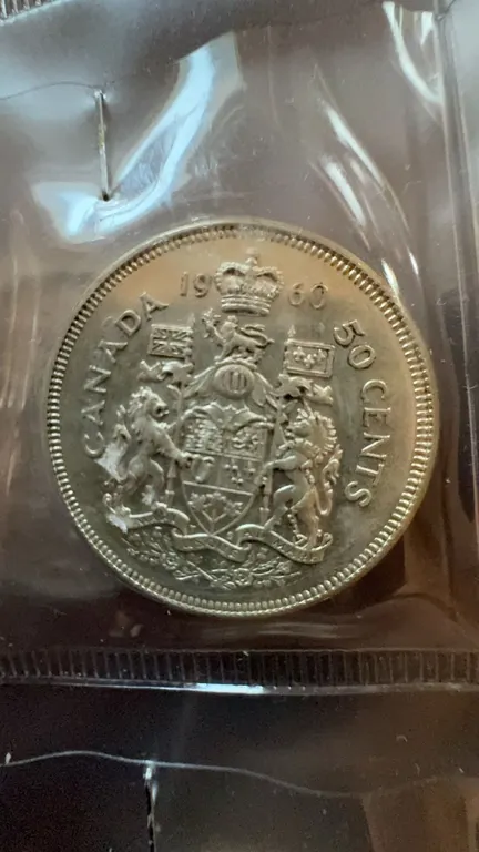 1960 Canada 50 Cent Coin, 80% Silver, Coat of Arms Reverse