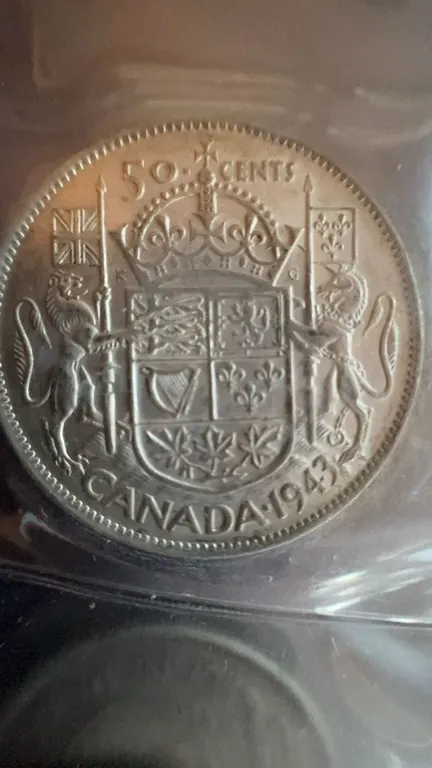 1943 Canada 50 Cent Coin, 80% Silver, 11.66 Grams