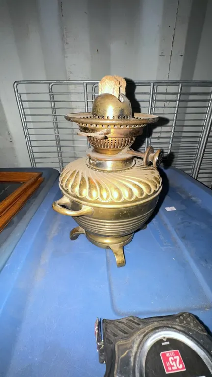 Brass Oil Lamp with Decorative Base, 24 cm Tall