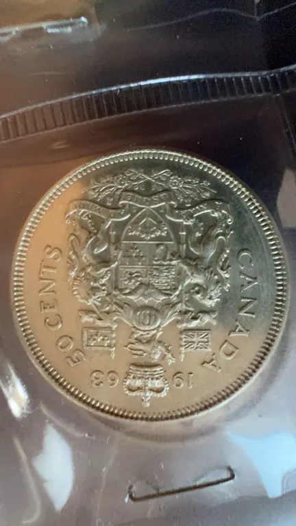 1963 Canada 50 Cents Coin, 80% Silver, British Arms Reverse