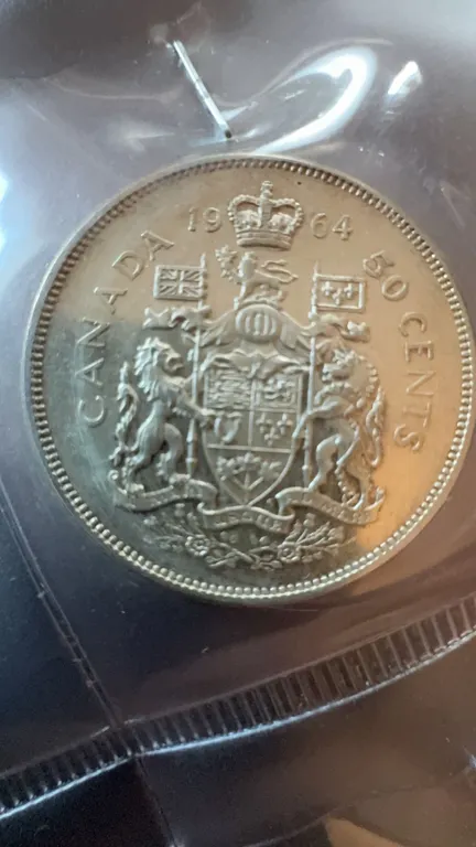 1964 Canada 50 Cents Coin, 80% Silver, British Arms of Canada
