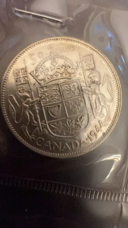 1944 Canada 50 Cents Coin, King George VI, 80% Silver, 11.66g