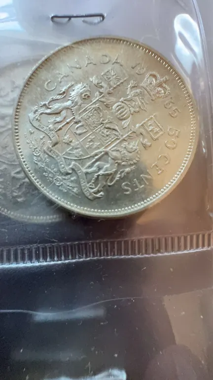 1965 Canada 50 Cents 80% Silver Coin, 11.66g, Coat of Arms Reverse