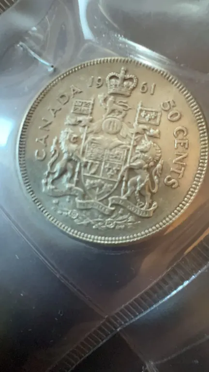 1961 Canada 50 Cent Coin, 80% Silver, Coat of Arms Reverse