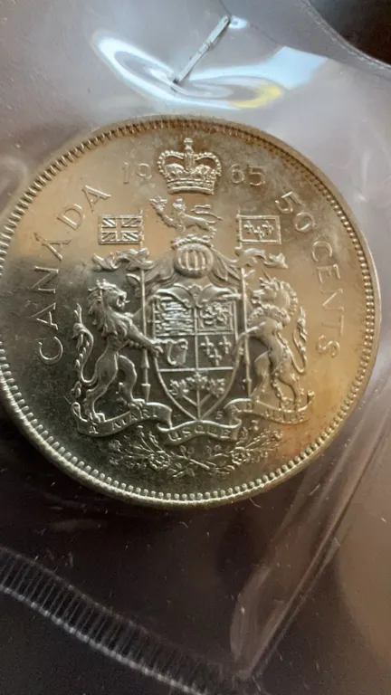1965 Canada 50 Cents Coin, 80% Silver, Coat of Arms Design