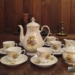 German Lusterware Porcelain Tea Set, Hand Decorated, 15 Pieces