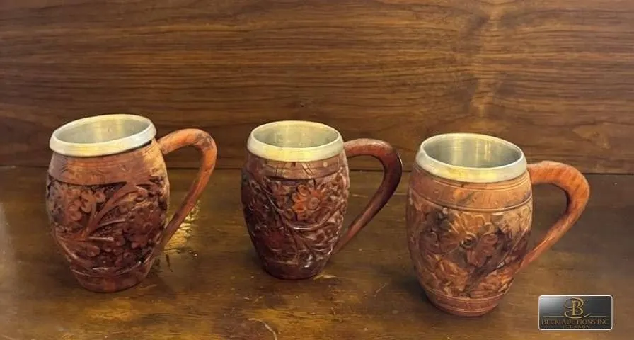 3 Hand-Carved Wooden Mugs With Metal Inserts
