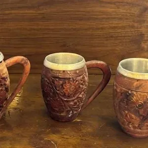 3 Hand-Carved Wooden Mugs With Metal Inserts