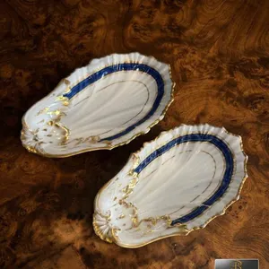 Porcelain Oyster Shell Dishes with Gilt and Blue Trim