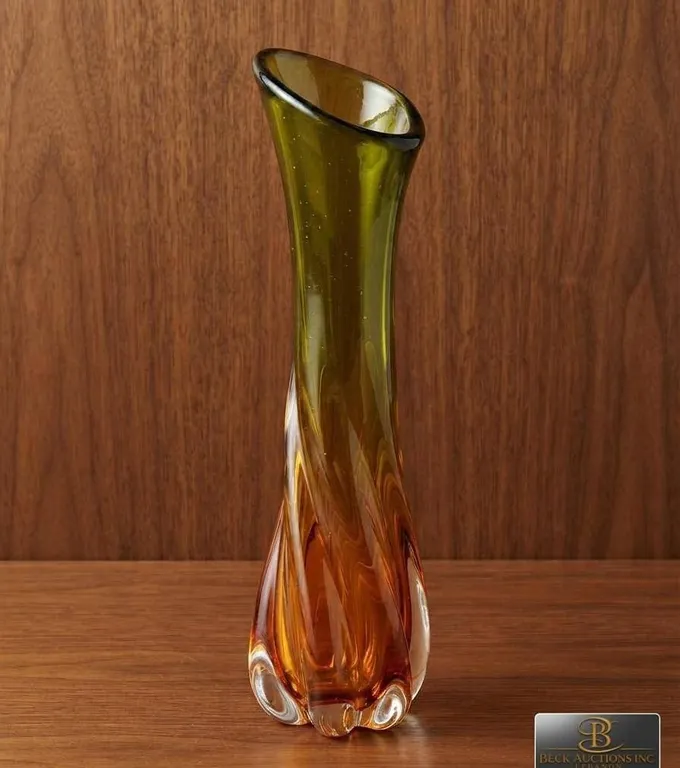 Murano Style Art Glass Vase with Green and Amber Swirl