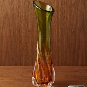 Murano Style Art Glass Vase with Green and Amber Swirl