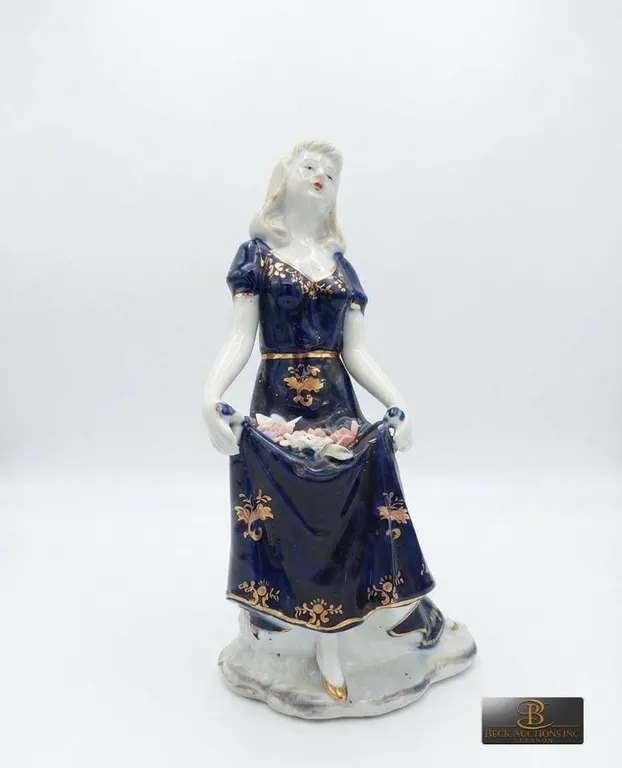 Porcelain Figurine of Woman in Blue Dress With Floral Detailing