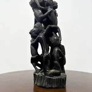 Hand-Carved Ebony African Sculpture of Six Figures