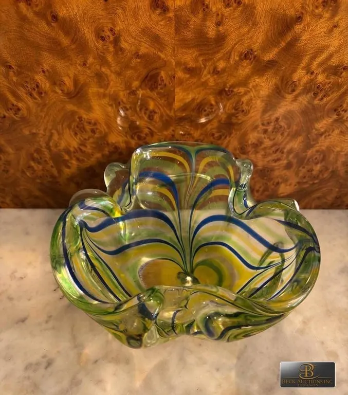 Murano Style Art Glass Bowl with Blue, Green, and Yellow Swirl