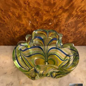 Murano Style Art Glass Bowl with Blue, Green, and Yellow Swirl