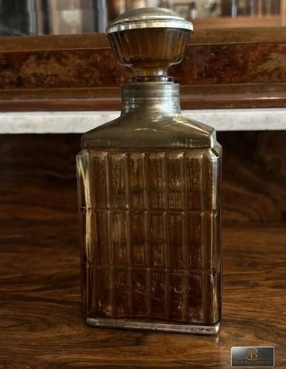 Ribbed Amber Glass Decanter with Metal Collar and Stopper