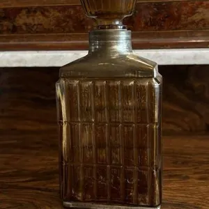Ribbed Amber Glass Decanter with Metal Collar and Stopper