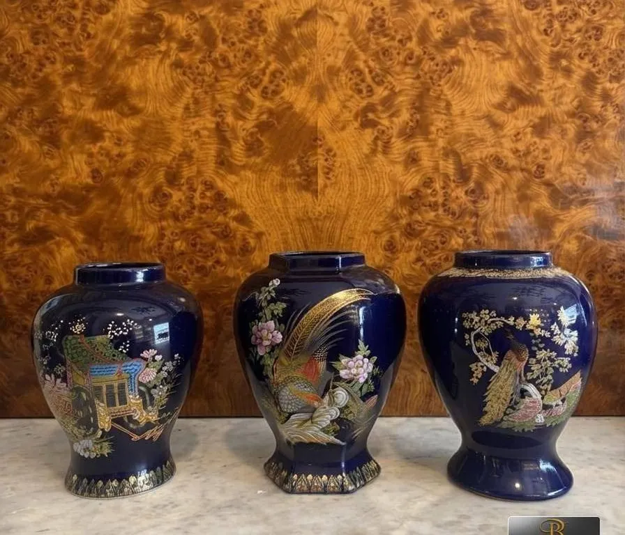 Three Hand-Painted Chinese Cobalt Blue Porcelain Vases