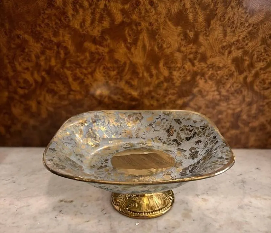 Square Glass and Gold Gilt Pedestal Compote