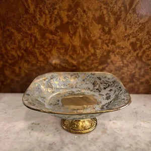 Square Glass and Gold Gilt Pedestal Compote