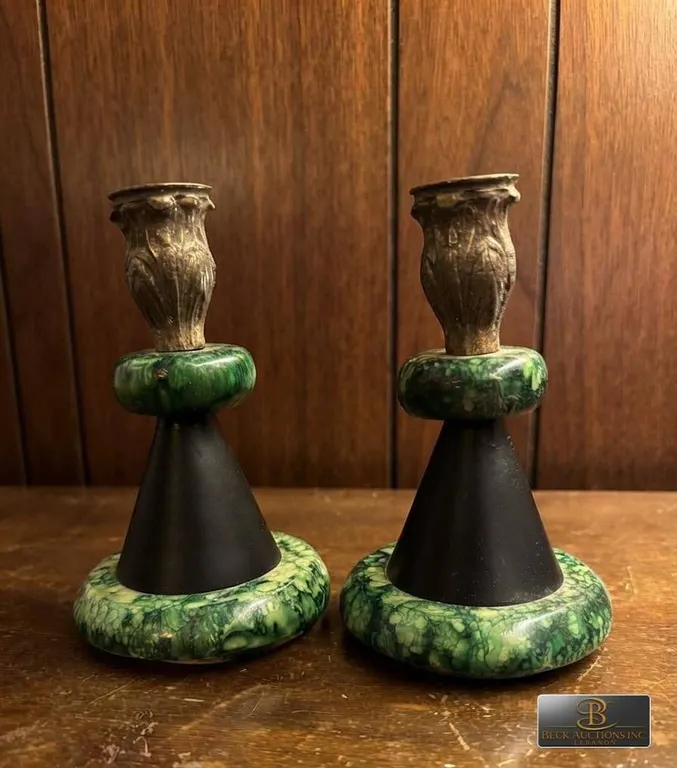 Art Deco Style Green Marble and Metal Candlesticks