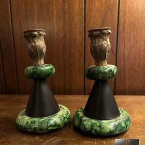 Art Deco Style Green Marble and Metal Candlesticks