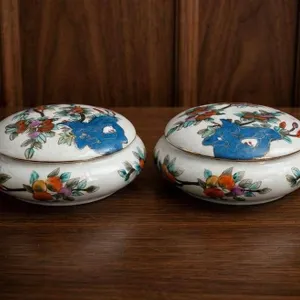 Hand-Painted Lidded Ceramic Boxes with Floral and Blue Bird Motif