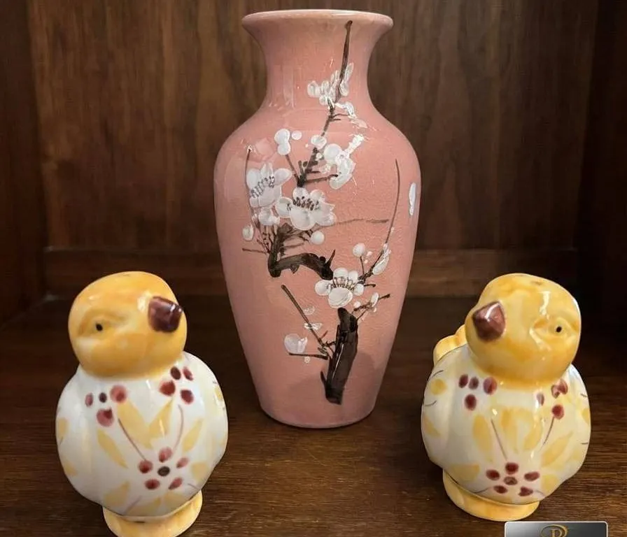 Ceramic Bird Salt and Pepper Shakers with Pink Floral Vase