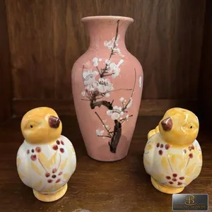 Ceramic Bird Salt and Pepper Shakers with Pink Floral Vase
