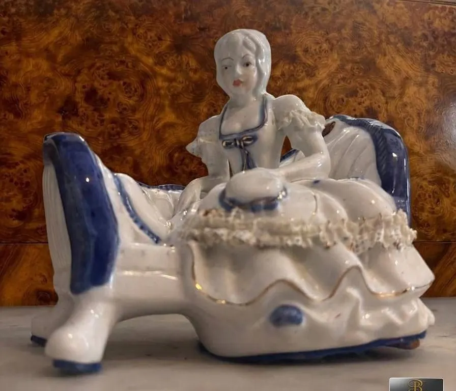 Ceramic Lady in Bath Tub Figurine White and Blue Glaze