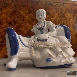 Ceramic Lady in Bath Tub Figurine White and Blue Glaze