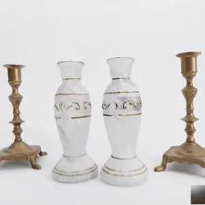4 Decorative Candle Holders, Brass and White Ceramic