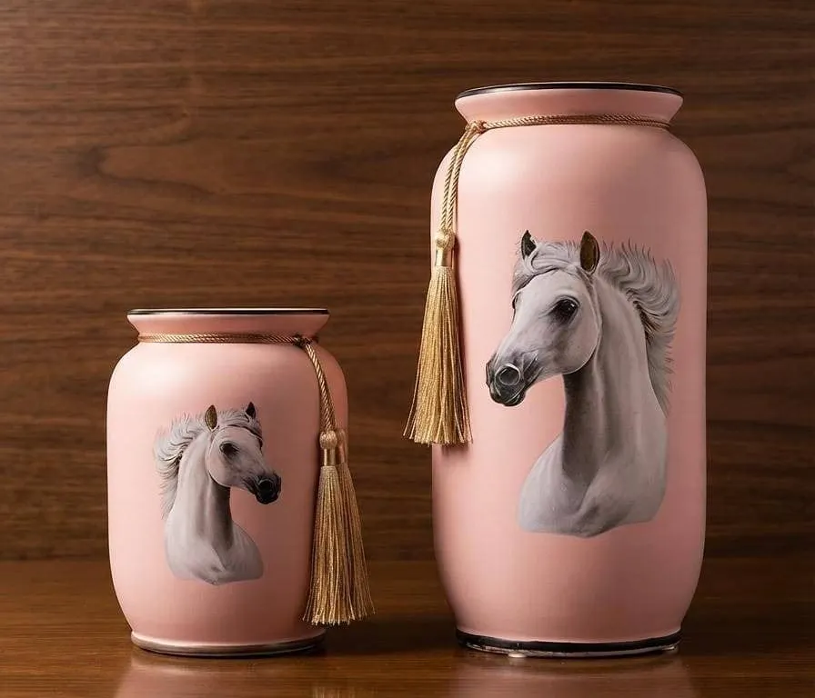 Pink Porcelain Vases with Hand-Painted Horse Motif and Tassels