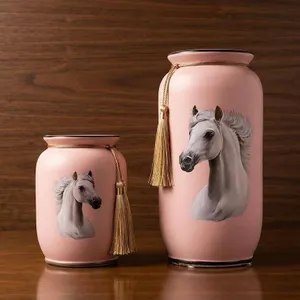 Pink Porcelain Vases with Hand-Painted Horse Motif and Tassels