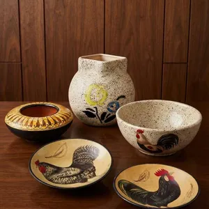 Hand-Painted Pottery Collection with Floral and Rooster Designs