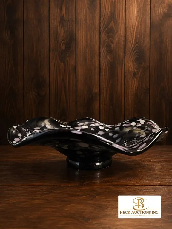 Black Art Glass Bowl with White and Purple Spots