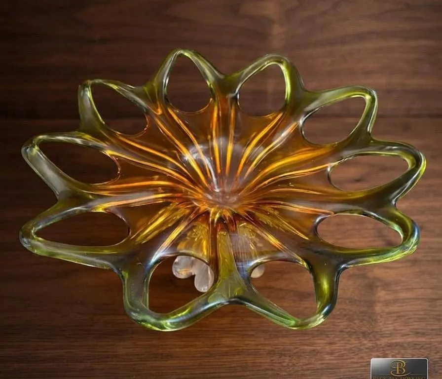Mid-Century Amber and Green Murano Style Art Glass Centrepiece Bowl