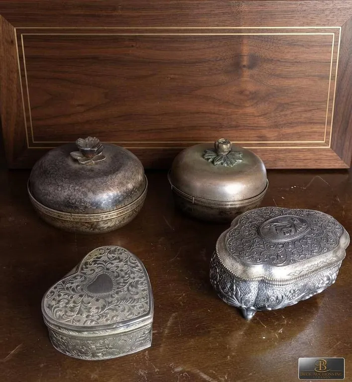 Four Ornate Metal Trinket Boxes Assorted Shapes