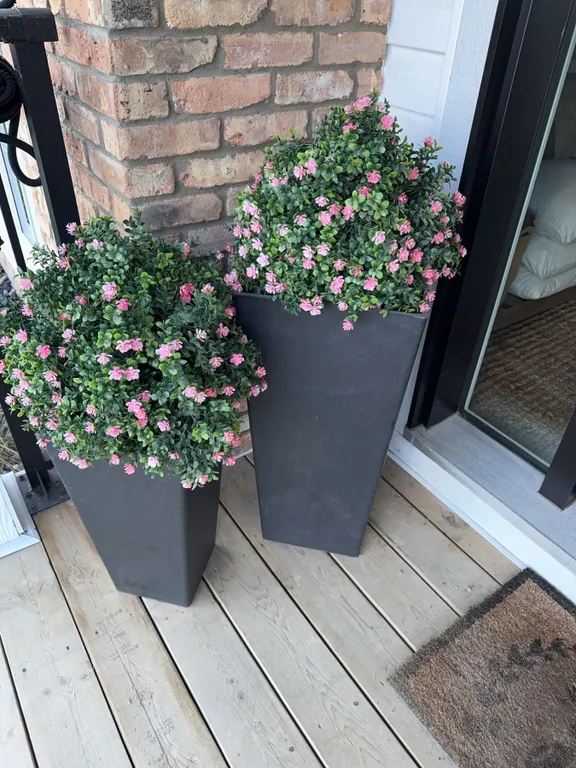 Tall Black Planters with Artificial Pink Flowers