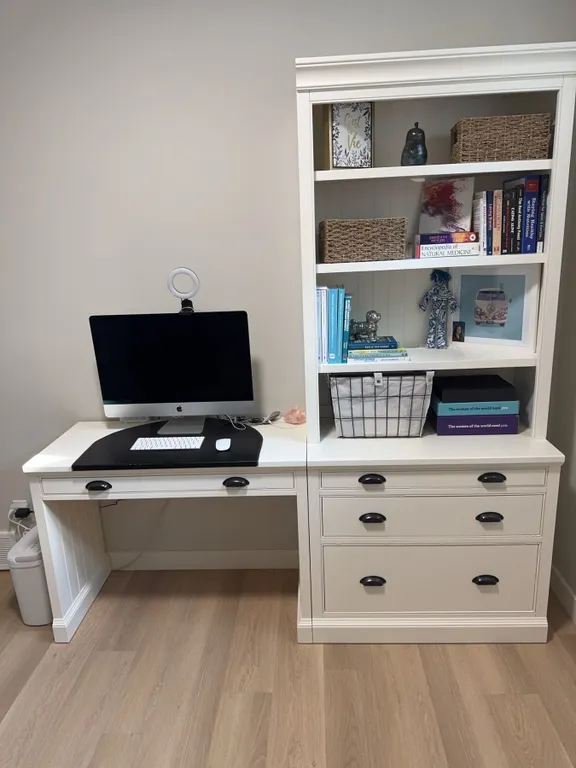 White Desk and Bookshelf Set With Drawers and Decorations