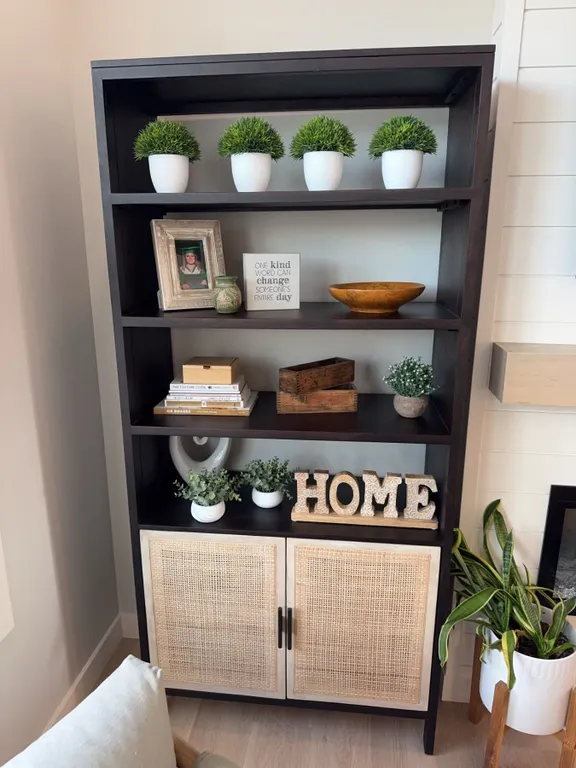 Dark Wood Bookcase with Woven Panel Doors, 36"W x 72"H x 16"D