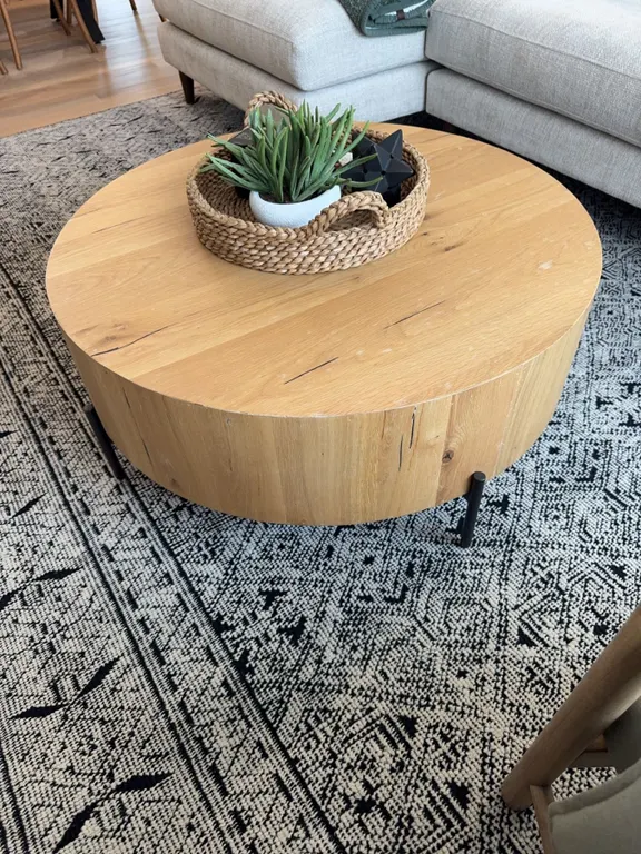 Round Oak Coffee Table with Black Metal Legs
