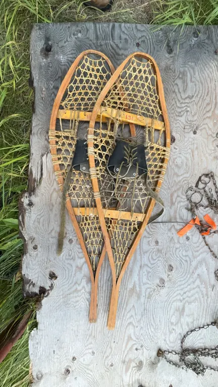 Traditional Wood and Rawhide Snowshoes with Leather Bindings