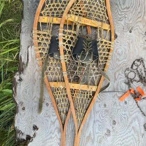 Traditional Wood and Rawhide Snowshoes with Leather Bindings