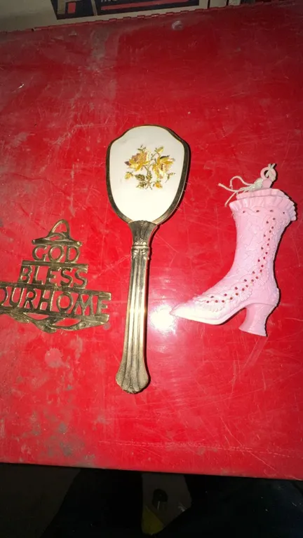 Lot: Ornate Hairbrush, Brass Wall Plaque, Pink Plastic Boot