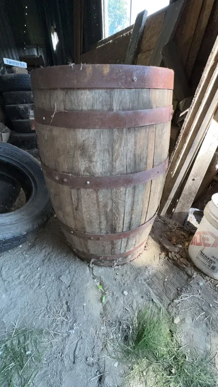 Wooden Barrel with Metal Hoops, 36" x 24"