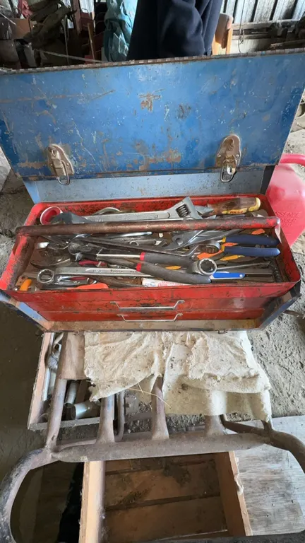 Metal Toolbox With Assorted Hand Tools and Fasteners