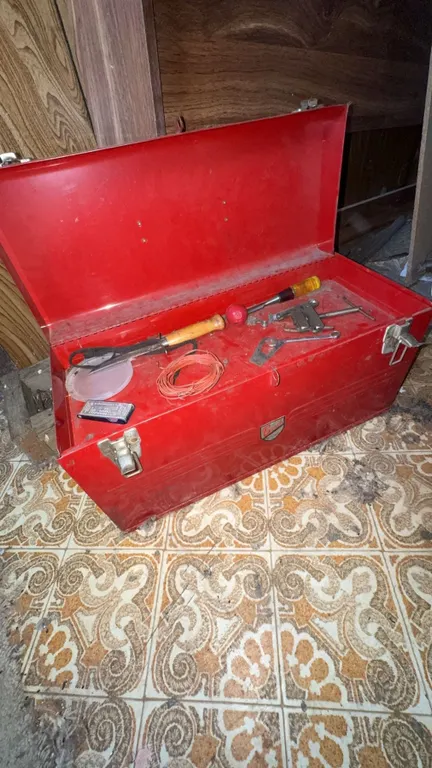 Beach Red Metal Tool Box with Assorted Tools