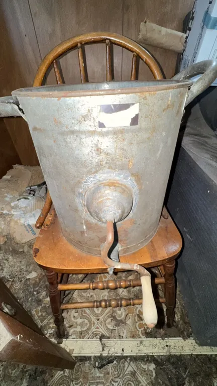 Antique Manual Metal Butter Churn with Wooden Paddle