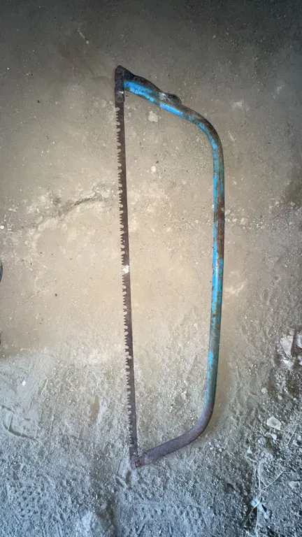 Vintage Metal Frame Bow Saw with Blue Handle